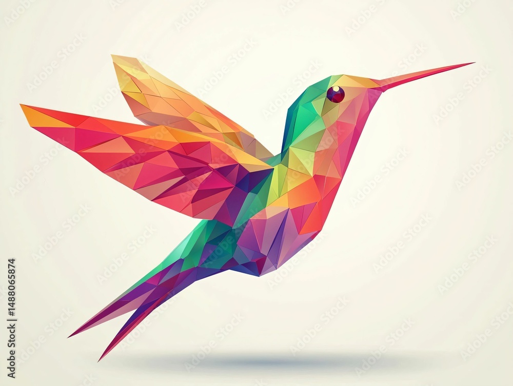 Obraz premium Colorful Polygonal Hummingbird in Flight with Bright Geometric Shapes