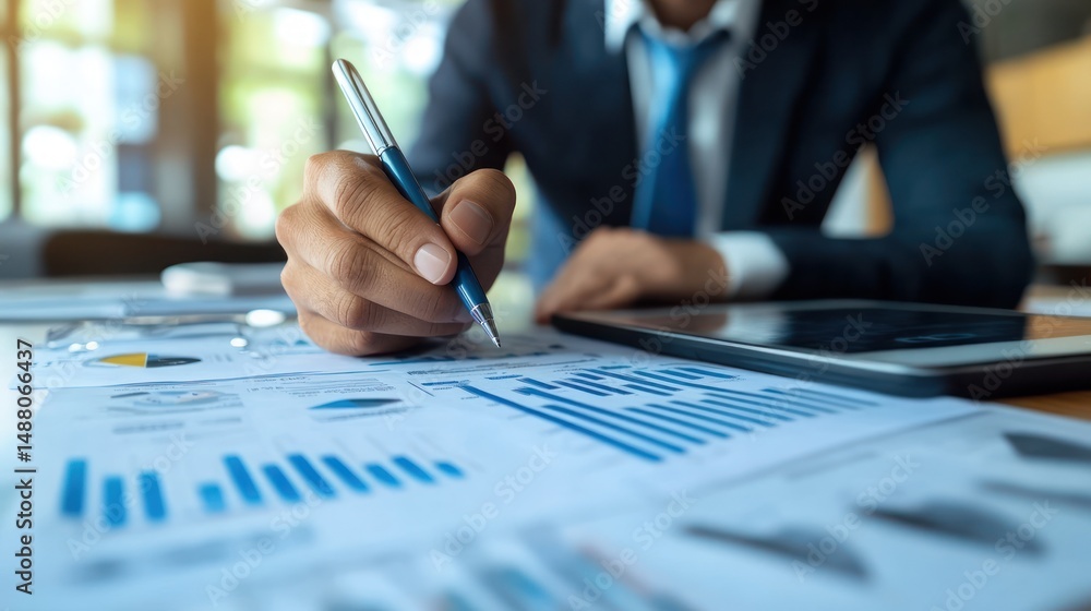 Business Analysis Charts and Graphs with Person Writing Business Analysis Charts and Graphs with Person Writing
