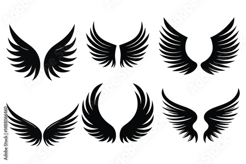 Set of Black Wing Silhouettes – Vector Illustration of Feathered Wings