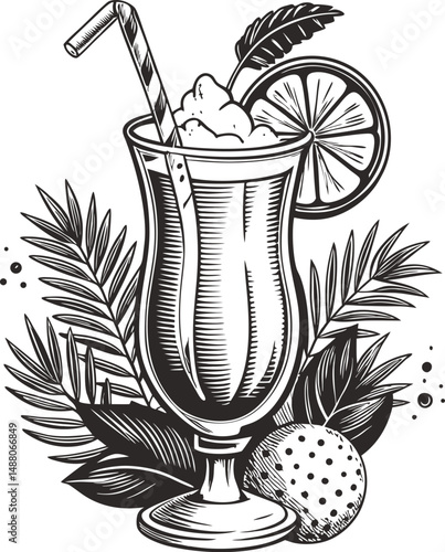 Tropical cocktail drink in hurricane glass with straw citrus fruit and palm leaves