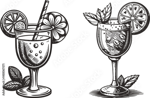 Refreshing summer cocktails garnished with citrus and mint leaves in elegant glassware, A hand-drawn illustration showcasing two different refreshing summer cocktails
