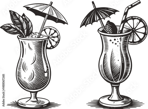Tropical cocktails hand drawn illustration summer drinks vacation beverages refreshment paradise