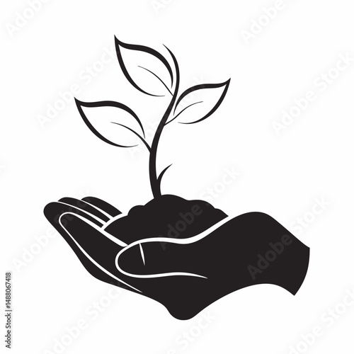 Hand holding a small plant with two leaves on top of soil  