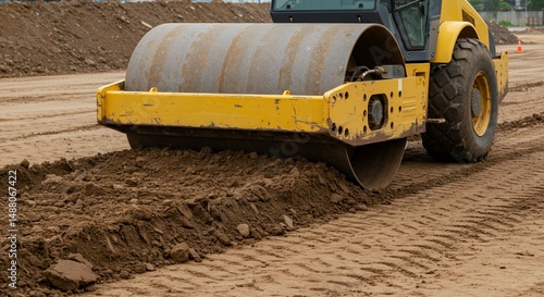 Wallpaper Mural Heavy-duty yellow road roller compacting soil during construction site, earthworks, infrastructure project Torontodigital.ca
