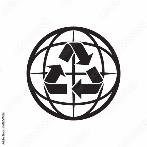 Recycling symbol over globe in black and white design  