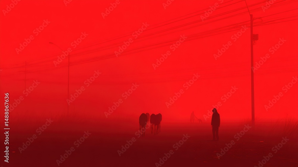 Naklejka premium Mysterious silhouettes of people against bright red sky at sunrise or sunset. Foggy minimal landscape with power lines in apocalyptic atmosphere. Dark figures on rural road concept