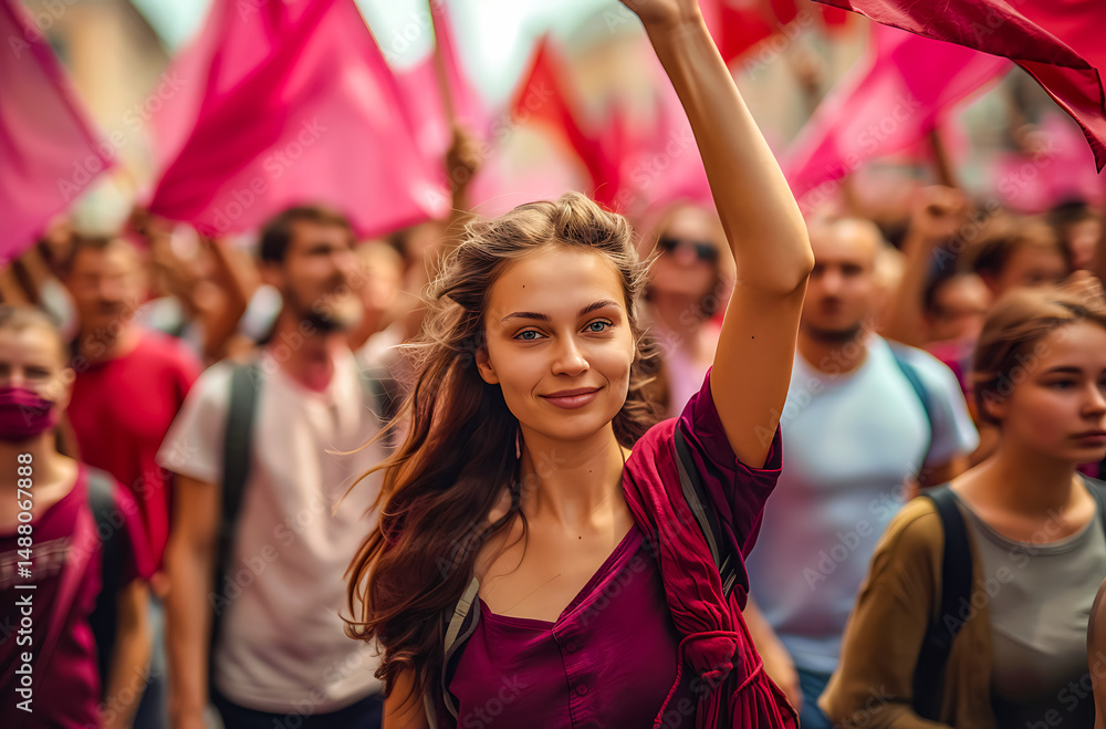 Fototapeta premium women empowerment : activists europe women defending rights on 8 march demonstration international womens day. Purple colours.