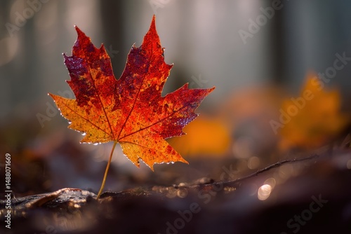 A lone red and orange leaf ...