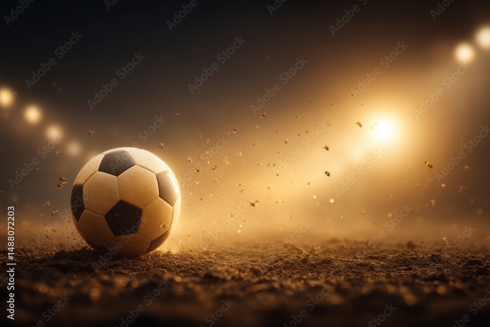 Naklejka premium Soccer Ball Rolling on Dusty Field Under Stadium Lights During Exciting Night Match