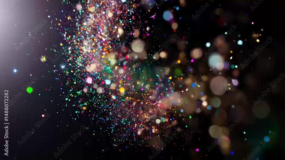 Natural organic dust particles floating on black background. Dynamic dust particles randomly drift in space with varying speeds, including fast and slow motion. Shimmering, glittering colored particle Natural organic dust particles floating on black background. Dynamic dust particles randomly drift in space with varying speeds, including fast and slow motion. Shimmering, glittering colored particle