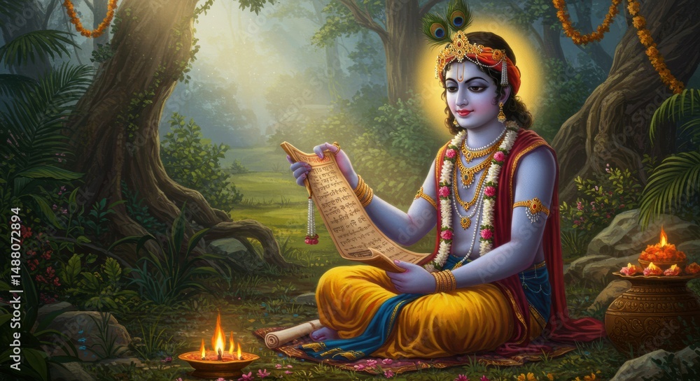 Fototapeta premium Krishna, the divine figure, engrossed in sacred scriptures amidst a tranquil forest setting