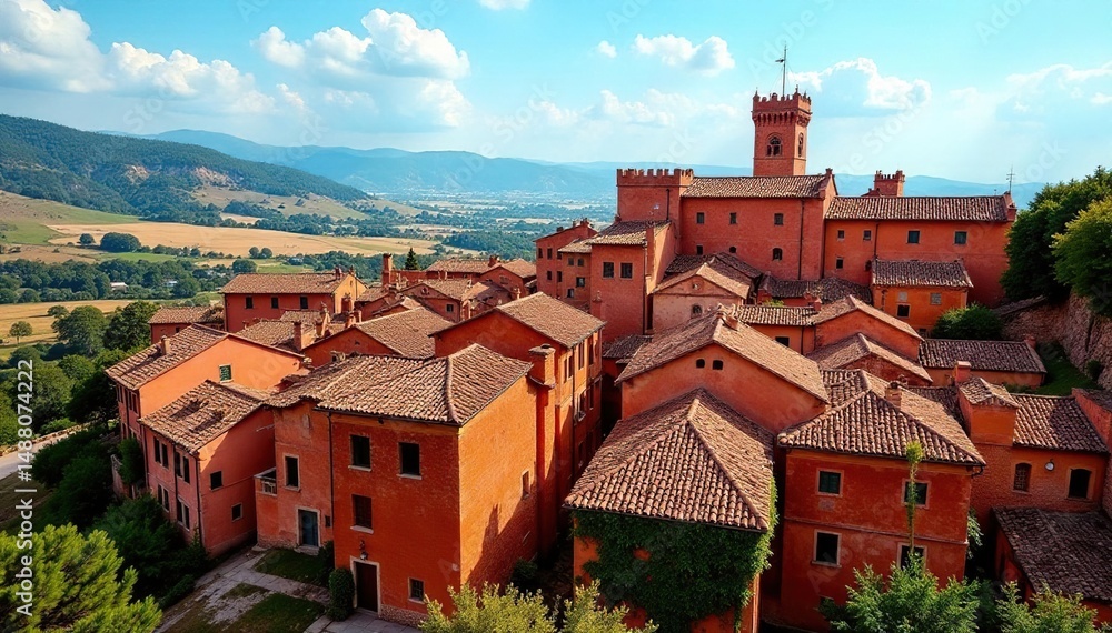 Fototapeta premium Medieval town, terracotta rooftops, ochre walls, history, Tuscan town scene, brick