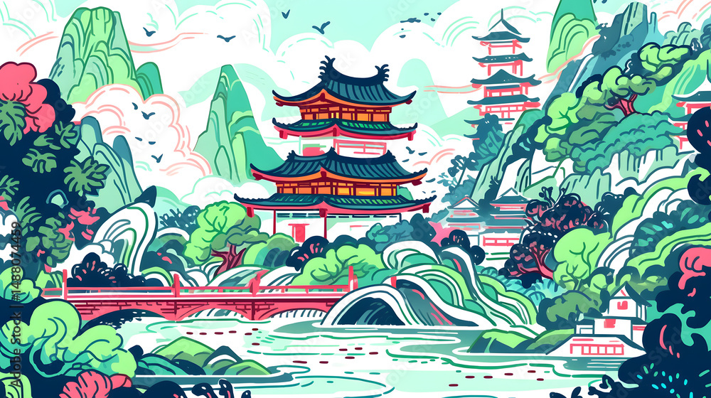 green and white landscape painting with pavilions illustration abstract background green and white landscape painting with pavilions illustration abstract background