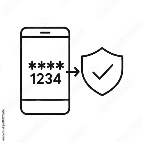 Two-factor authentication icon of phone with PIN code and shield. Authentication and data protection