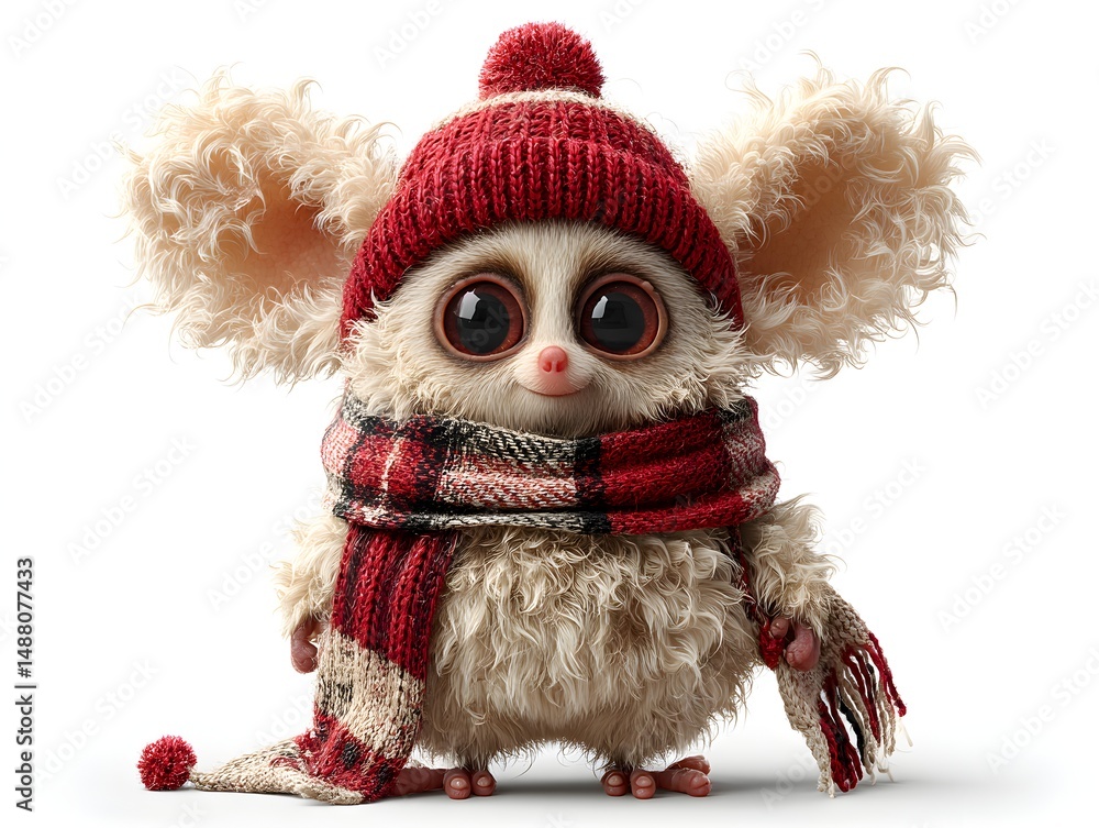 Adorable 3D rendered baby lemur wea a red knitted winter hat and plaid scarf against a white background. Adorable 3D rendered baby lemur wea a red knitted winter hat and plaid scarf against a white background.