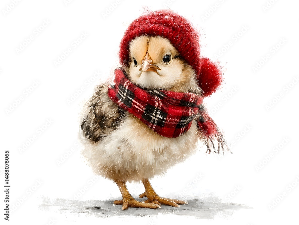 An adorable baby chick stays warm in a cozy red knit hat and plaid scarf against a white background. An adorable baby chick stays warm in a cozy red knit hat and plaid scarf against a white background.