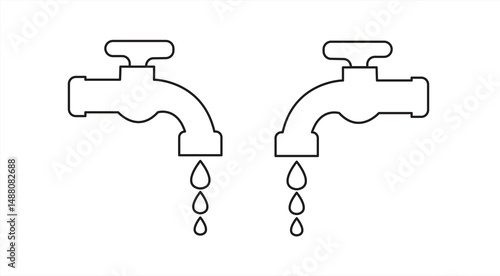 Water Tap Icon with Water Drops, line symbol, isolated on white background, vector illustration.