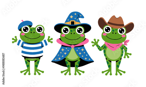 Modern vector illustration of three cute cartoon frogs , easily scalable and editable.