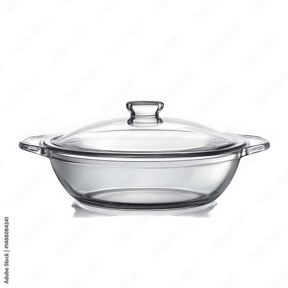 A clear glass casserole dish with a lid sitting on a white platform against a transparent background A clear glass casserole dish with a lid sitting on a white platform against a transparent background