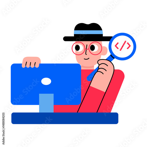 A code checking character illustration in flat style