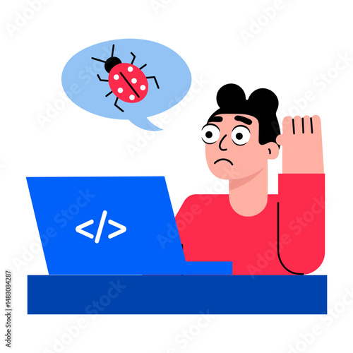 A character using debug mode function, flat style illustration