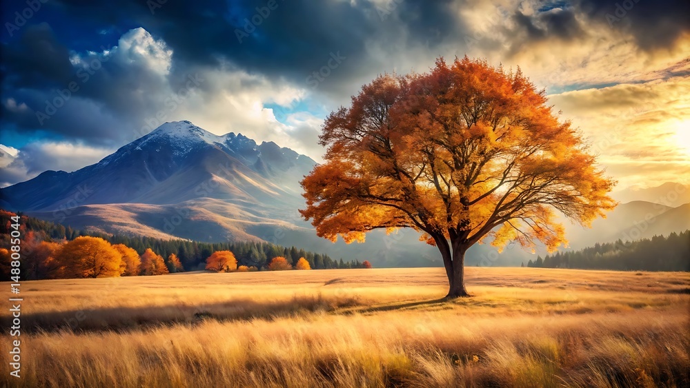 A lone tree with autumn foliage stands in a golden field with mountains and cloudy sky in the background A lone tree with autumn foliage stands in a golden field with mountains and cloudy sky in the background