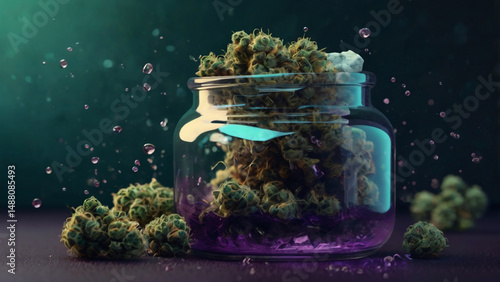 Realistic CBD hemp weed buds stored in a glass jar with purple drops splash. Medical cannabis. Frosty cannabis buds, marijuana leaves on dark blue background