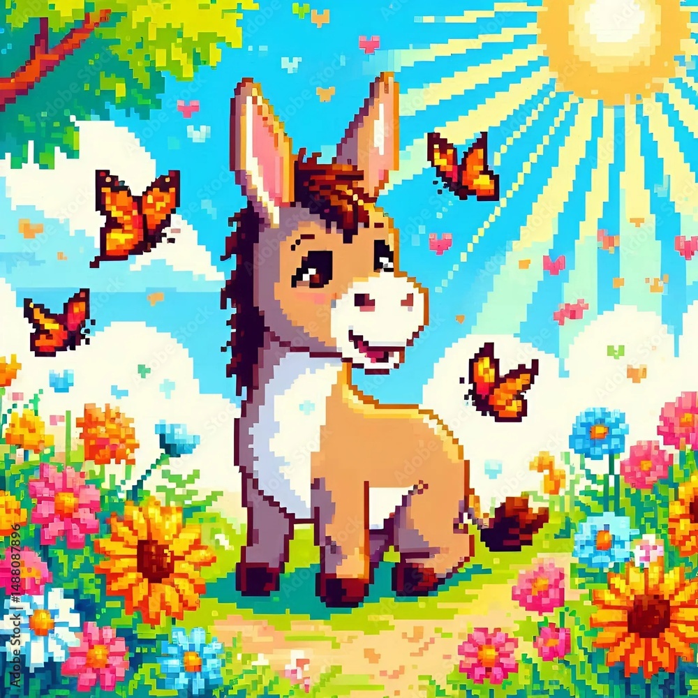 Obraz premium Pixel art of a donkey standing on grass against a clear blue sky with clouds. 