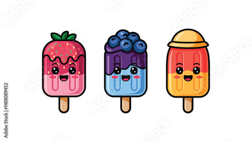 Set of cute fruit popsicle ice cream characters illustration
