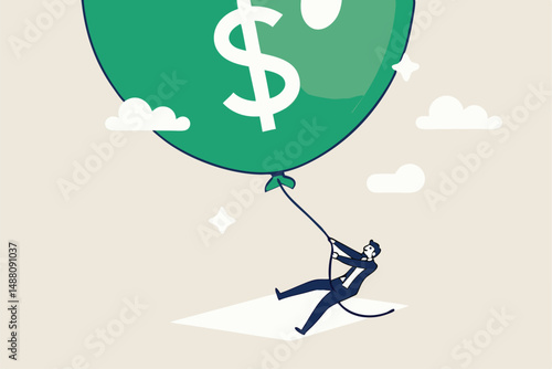 FED, Federal Reserve try to tame inflation down by interest rate hike, economic risk or investment bubble concept, businessman Federal Reserve or government try to pull big inflation balloon down.