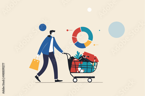 Expense planning, living cost or budget management, debt, bills or credit card payment, personal finance concept, young man with house, car, credit card, education and utilities cost in shopping cart.