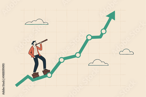 Investment upside potential, economy prediction or forecast, vision or analyze future, business growth or earning increase concept, businessman look through telescope to see investment growing graph.