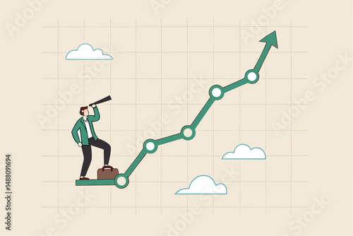 Investment upside potential, economy prediction or forecast, vision or analyze future, business growth or earning increase concept, businessman look through telescope to see investment growing graph.