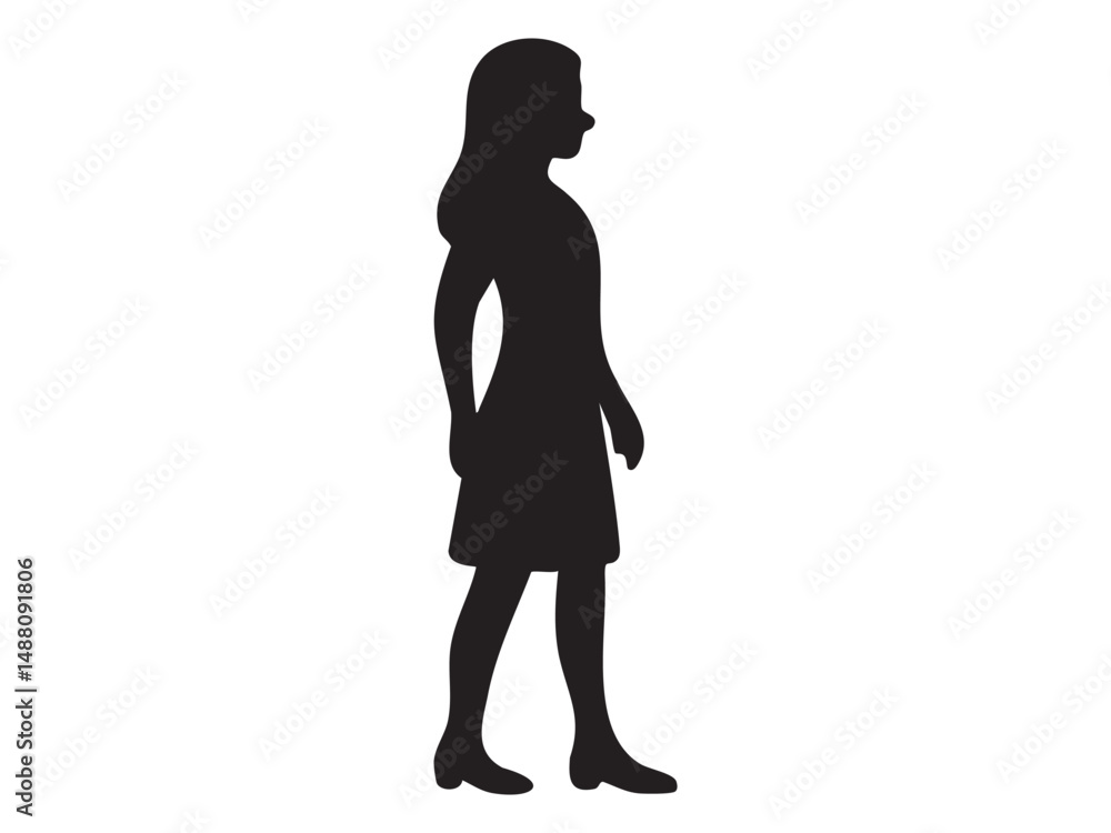 Black silhouette of woman standing in profile, isolated on white background, vector illustration. concept of human, lady, female figure, icon, logo, graphic design element Black silhouette of woman standing in profile, isolated on white background, vector illustration. concept of human, lady, female figure, icon, logo, graphic design element