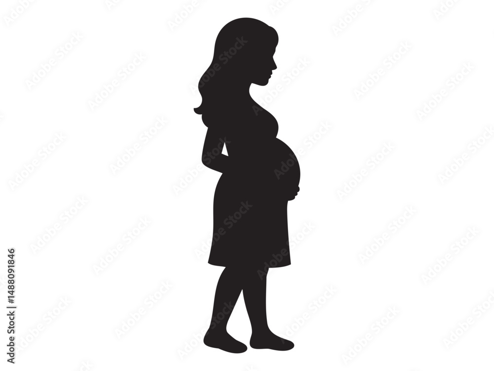 Black silhouette of pregnant woman standing in side profile isolated on white background, vector illustration. concept of icon, maternity, motherhood, female figure. Black silhouette of pregnant woman standing in side profile isolated on white background, vector illustration. concept of icon, maternity, motherhood, female figure.