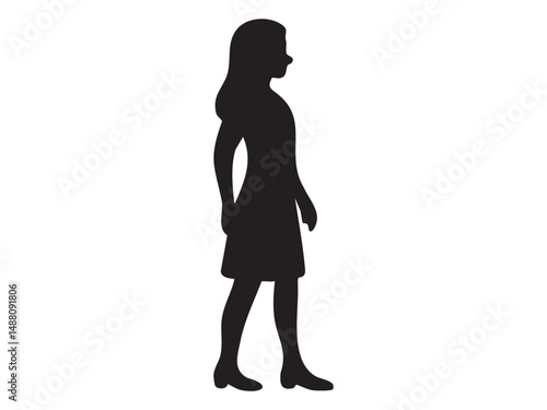 Black silhouette of woman standing in profile, isolated on white background, vector illustration. concept of human, lady, female figure, icon, logo, graphic design element