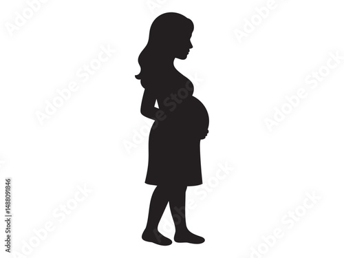 Black silhouette of pregnant woman standing in side profile isolated on white background, vector illustration. concept of icon, maternity, motherhood, female figure.