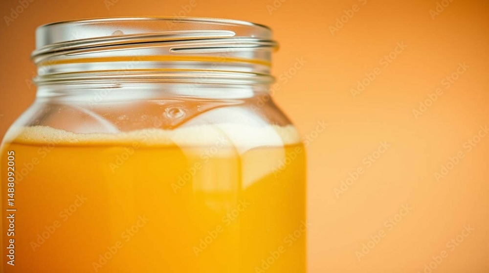 A transparent glass jar filled with golden honey, natural lighting, sticky texture, close-up, studio-style food photography, warm tones A transparent glass jar filled with golden honey, natural lighting, sticky texture, close-up, studio-style food photography, warm tones