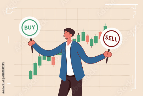 Buy or sell in stock market and crypto currency trading, investment decision, wealth management or financial concept, businessman investment analyst holding buy or sell sign with candlestick chart.