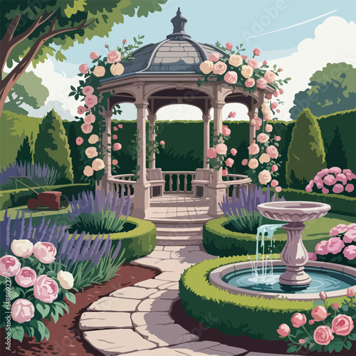 Romantic garden gazebo with flowers and fountain.