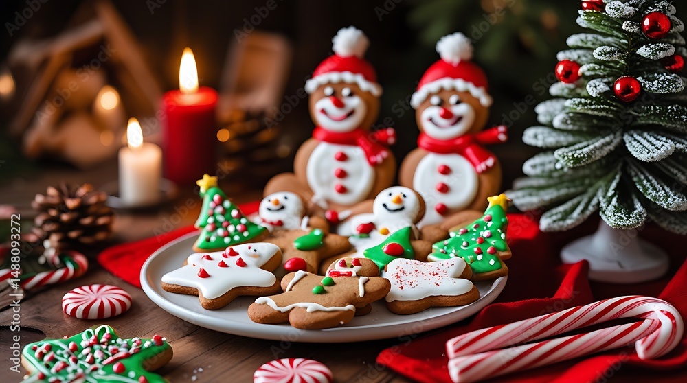 Christmas cookies festive holiday treats gingerbread snowman tree candy cane with icing decorations on wooden table with candles and pine cones perfect for seasonal celebration background Christmas cookies festive holiday treats gingerbread snowman tree candy cane with icing decorations on wooden table with candles and pine cones perfect for seasonal celebration background