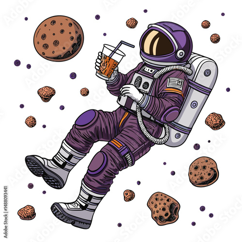A weightless astronaut, in a spacesuit, joyfully sips boba tea while floating through a vibrant nebula.