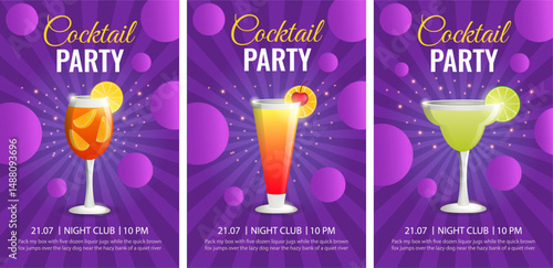 Cocktail Party Invitation Set. Flyer or Poster Design Template with Cocktail Glass and Text.