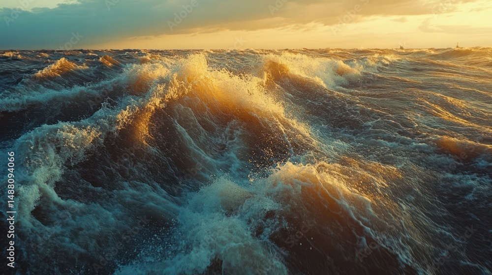 Fototapeta premium Dramatic seascape with golden sunlight illuminating cresting ocean waves