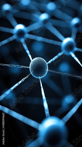 Close up view of interconnected nodes in network, showcasing blue color scheme and sense of depth and technology