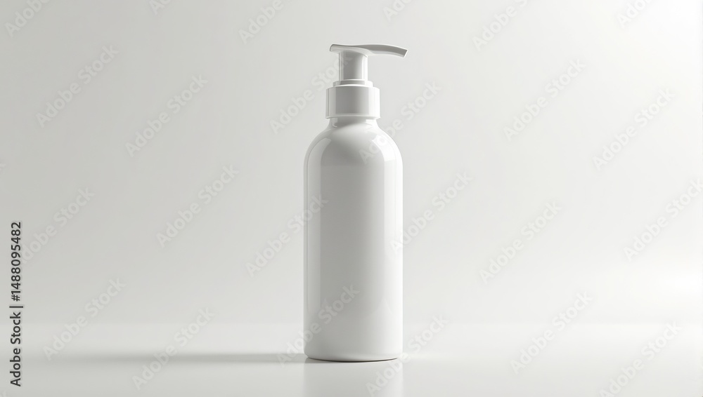 White lotion bottle with pump on white surface White lotion bottle with pump on white surface