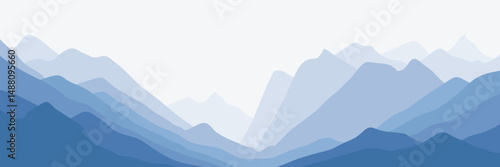 Vector illustration of mountains, ridge in the morning haze, panoramic view