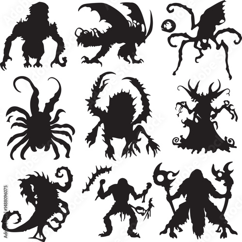 Silhouette Monster Collection: Fantasy Creature Silhouettes, Scary Halloween Monsters, Vector Art, Dark Fantasy Illustrations, Horror Clipart Set