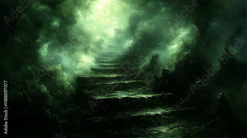 Wallpaper Mural Stone steps ascending into an ethereal, glowing green fog. Moody and mysterious Torontodigital.ca