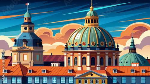 very Beautiful Magnificent copper dome of Frederik's Church (Marble Church) contrasts with adjacent classical Amalienborg Palace facade showcasing impressive Rococo architecture. Partly cloudy blue sk